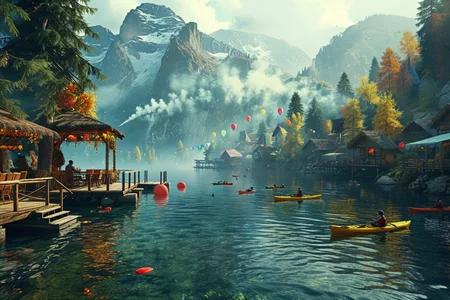 On a lakeside esplanade in a Romanian mountain resort where cafés line the shore and a floating platform hosts seasonal celebrations. At summer midnight, (high arcs of color:1.2) rise from the raft, smoke drifts into the pine-covered hills, and music pulses over the docks.,, Masterpiece,best quality,realistic,HDR, 8K, masterpiece, best_quality, absurdres, ultra-detailed, highly aesthetic,sweeping landscapes, unique perspectives, epic scale, revealing hidden beauty, showcasing vastness, immersive experience, precise compositions, expert piloting, dynamic angles, cinematic storytelling, showcasing natural wonders, aerial exploration