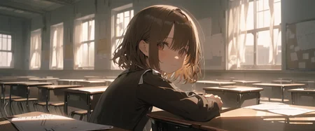 close up, masterpiece, best quality, solo, 1girl in abandoned classroom, sitting school desk, ruins, indoors, window, looking away, curtains, chalkboard, sunlight, brown hair, brown eyes, black serafuku, depth of field, glow