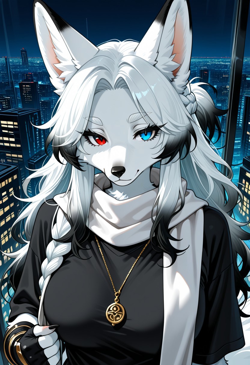 1girl, furry female, fox, solo, mature, heterochromia, red eyes, blue eyes, white eyebrows, black eyelashes, white hair, (gradient hair:1.1), (black hair:0.9), parted bangs, messy hair, half up half down braid, black fingernails, fox ears, white scarf, black t-shirt, black clothes, white clothes, clothes with white and gold accents, fingerless_gloves, pendant, city, (masterpiece:1.1), best quality, absurdres