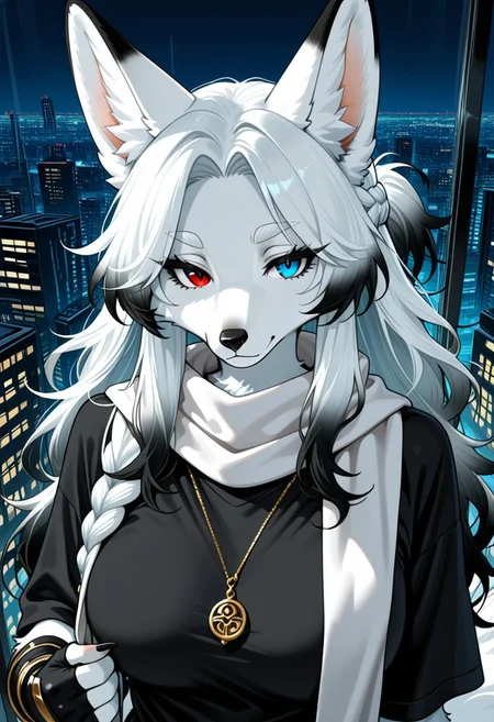 1girl, furry female, fox, solo, mature, heterochromia, red eyes, blue eyes, white eyebrows, black eyelashes, white hair, (gradient hair:1.1), (black hair:0.9), parted bangs, messy hair, half up half down braid, black fingernails, fox ears, white scarf, black t-shirt, black clothes, white clothes, clothes with white and gold accents, fingerless_gloves, pendant, city, (masterpiece:1.1), best quality, absurdres