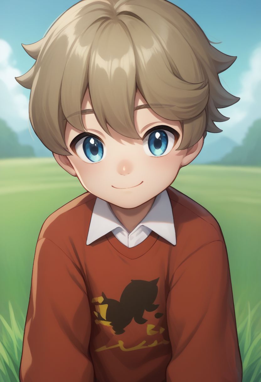 score_9, score_8_up, score_7_up, source_anime, highly detailed, 1boy, solo, cute,
youngster, 1boy, male focus, blue eyes, solo, brown hair, collared shirt, bangs, closed mouth, smile,
outdoor, grass, sky,
