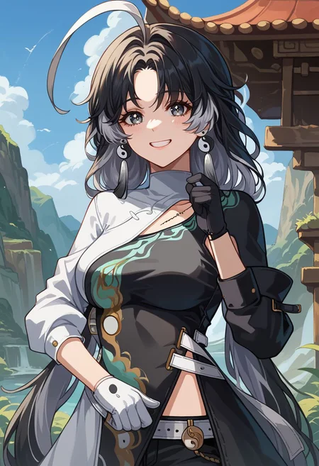 score_9, score_8_up, score_7_up, source_anime, 1girl, jianxindef, grey eyes, black hair, white hair, grey hair, multicolored hair, long hair, low twintails, ahoge, earrings, jewelry, yin yang, tassel, medium breasts, long sleeves, dress, chinese clothes, clothing cutout, white gloves, black gloves, asymmetrical gloves, white belt, black shorts, short shorts, bandages, single thighhigh, standing, smile, grin, looking at viewer, outdoors, portrait, close-up, upper body, facing viewer, <lora:Jianxin_v1-000010:1>