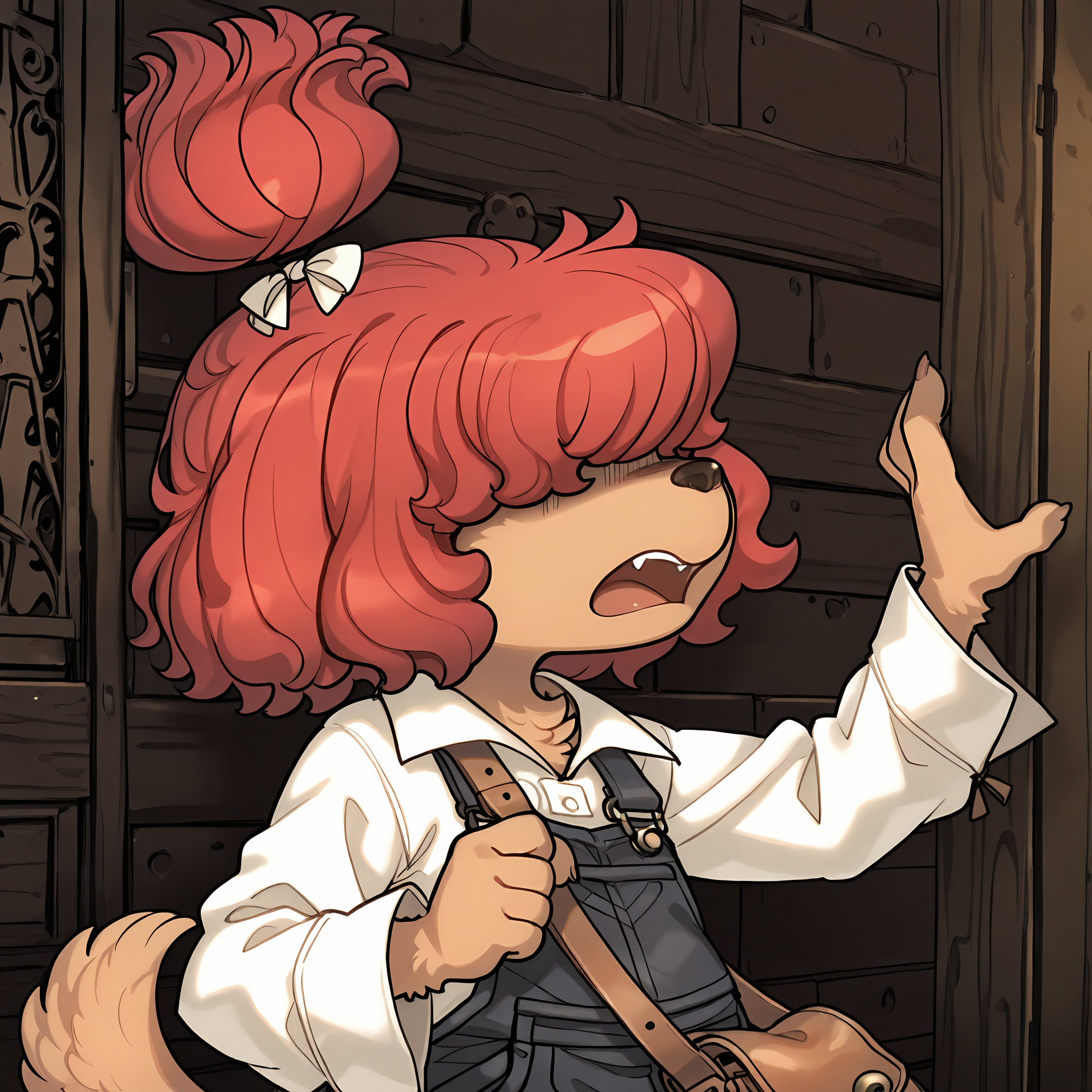 BREAK, <lora:Wappa_Charlotte:1>, Wappa Charlotte, Fuga: Melodies of Steel, kemono, furry female, young female, 1girl, dog girl, tan fur, hair over eyes, red hair, bangs, dog tail, Fuga 1 appearance, topknot, ponytail, hair bow,
BREAK, Fuga 1 Outfit, baggy overalls, white blouse, long sleeves, brown satchel, shoulder bag,
BREAK, solo, half body, scared, metal walls, defensive gesture, open mouth