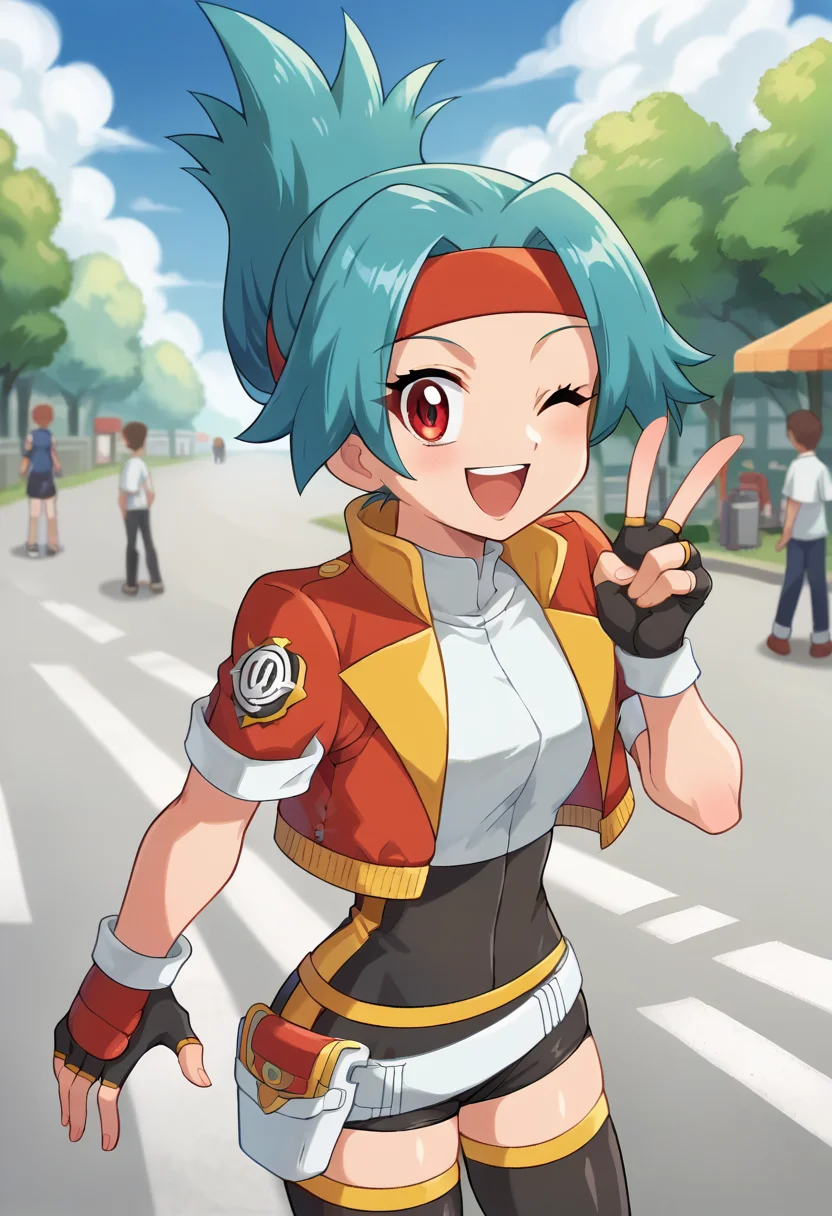 score_9, score_8_up, score_7_up, source_anime, masterpiece, 1girl, ct_s0lana, cropped jacket, white shirt, bike shorts, white belt pouch, black thighhighs, fingerless gloves, skin tight, looking at viewer, outdoors, city, depth of field, day, shiny skin, happy, anime screencap, hand up, one eye closed, <lora:Solana_pokemon_ct:1>
