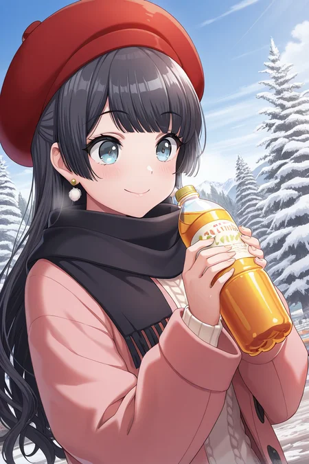 masterpiece, best quality, amazing quality,
<lora:Rei_IL:1> rei, 1girl, solo, outdoors, hat, jewelry, earrings, long hair, scarf, smile, black hair, holding, bangs, sky, red headwear, tree, bottle, beret, day, winter clothing
