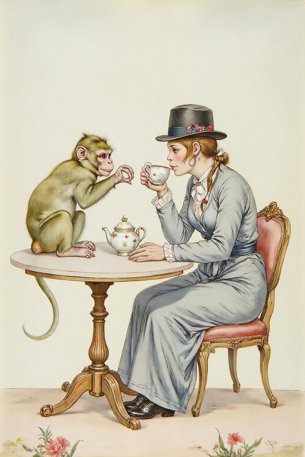 detmo1d watercolor painting of a small monkey and a woman wearing a bowler hat, sitting at a table drinking tea <lora:detmold1_cap_d6a3e13:1.0><lora:831827787041146229:0>