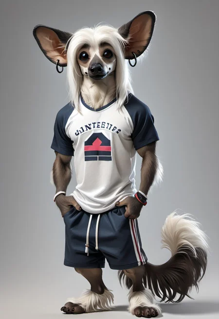 score_9, score_8_up, score_7_up, score_6_up, score_5_up, score_4_up, photorealistic, realistic, masterpiece), furry male, detailed face, detailed eyes, detailed hair, detailed fur, solo, Fur-GnS, white Goatee, Chin Goatee, Facial Hair, white Sideburns, muttonchops, 
BREAK
Chinese_Crested, Chinese crested, anthro dog, big ears, white fur, pink skin, brown skin blotches, furry wrists, furry ankles, furry ears, fluffy ears, furry tail, curled tail, black nose, brown eyes, cartoon eyes, anime eyes, speedo, white sclera, brown snout, T-shirt, shorts, earrings, skateboarding 
BREAK
BlckSd-Style, blacksad, inked lines, hand drawn, watercolor, furry, anthropomorphic animals
<lora:add-detail-xl:1.5>