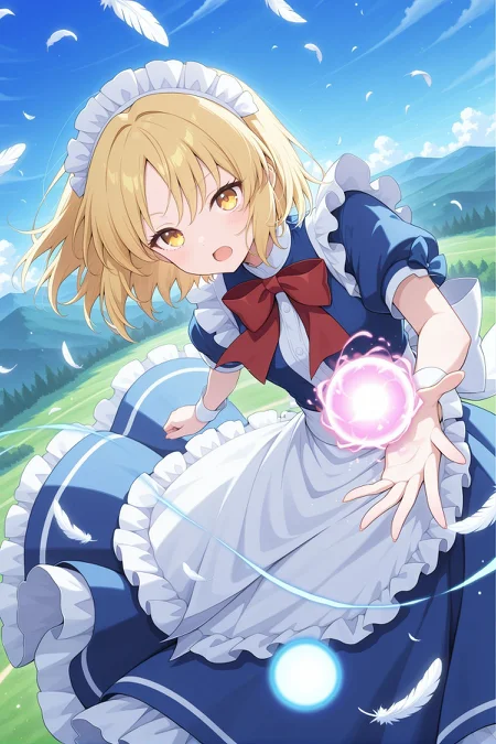 absurdres, highres, masterpiece, best quality, amazing quality, official anime artwork, screencap, anime screencap, outdoors, sky, feathers, 
<lora:Mugetsu_Illustrious:1> mugetsu, yellow eyes, blonde hair, short hair, small breasts,, maid headress, red bowtie, blue dress, puffy short sleeves, frilled apron, waist apron, white apron, danmaku, energy ball, open mouth, sleeve garter, looking at viewer, dynamic pose, midair, flying,