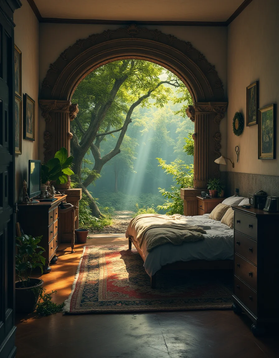(Long focal length shot:1.7), longshot, a portal into a mythical forest on the wall of my small messy bedroom <lora:- Flux1 - impossible_geometry_V1.0:1>, telezoom photography, short depth of field, (800 mm focal length:1.5), telephoto lens image, bokeh, professional, 4k, highly detailed