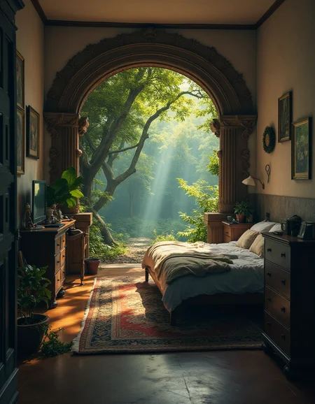 (Long focal length shot:1.7), longshot, a portal into a mythical forest on the wall of my small messy bedroom <lora:- Flux1 - impossible_geometry_V1.0:1>, telezoom photography, short depth of field, (800 mm focal length:1.5), telephoto lens image, bokeh, professional, 4k, highly detailed