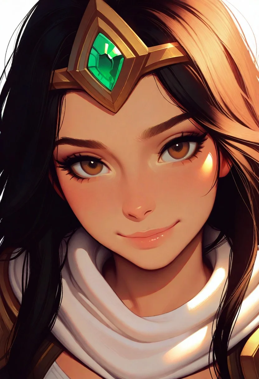 masterpiece, best quality, amazing quality, very aesthetic
Artist : Tsuaii, Artist : Incase, flat colors,
1girl, (Sivir, league of legends:1), close up, portrait, face focus,
black hair, (messy long hair:0.9), brown eyes,
white scarf, crop top, (tiara with a green gem:1.5),
looking at viewer, smile,
(neutral white background), dynamic lighting,