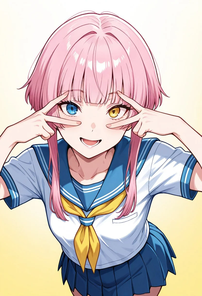 masterpiece, very aesthetic, absurdres, best quality, detailed face, detailed eyes, intricate details, 1girl, solo, blue sailor fuku, short sleeves, white shirt, blue pleated skirt, yellow neckerchief, small breasts, pink hair, short hair, hime cut, shaved nape, (two long locks in front on face), Heterochromia, blue and yellow eyes, hands on face peeking through fingers, looking at viewer, from above, open mouth, smile, cute, boobandpoopa,