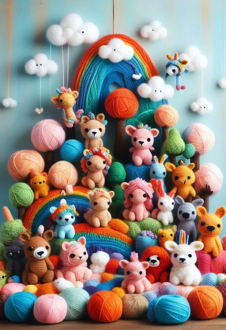 score_9, score_8_up, score_7_up, Yarnworld, rainbow colors, chibi animals, made of yarn, cute design,
colorful detailed background,