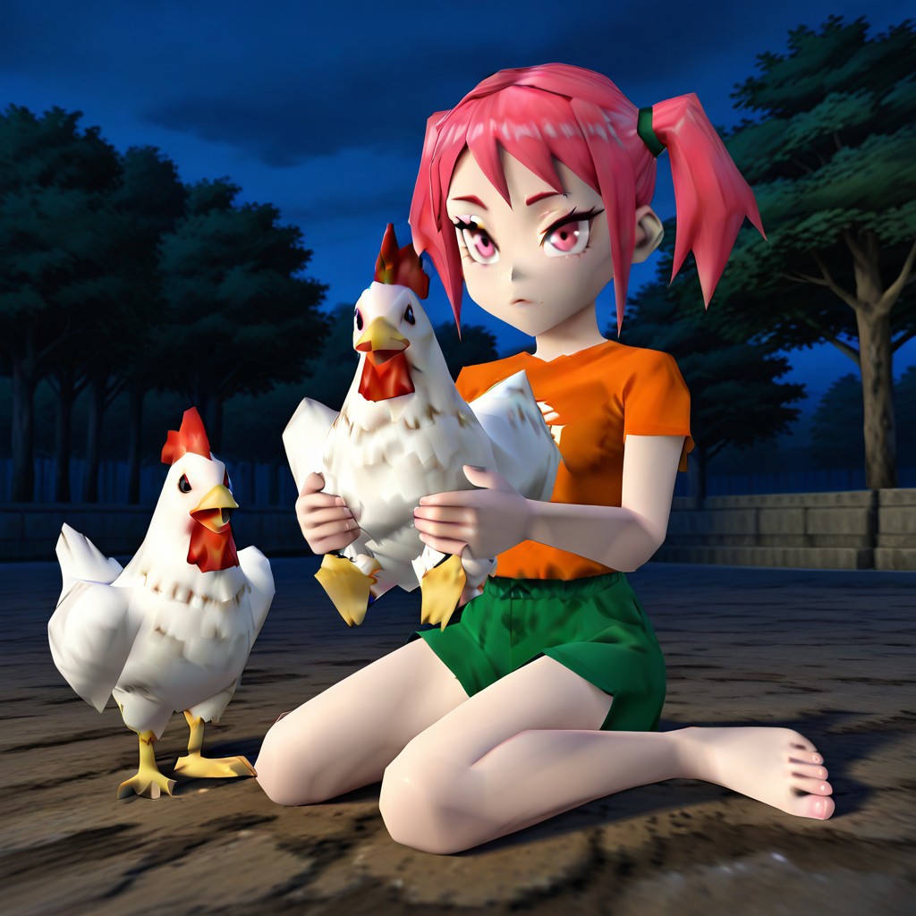 masterpiece, best quality, amazing quality, very aesthetic, absurdres, 1girl. pink hair, short hair, twintails, short twintails, pink eyes, tsurime, orange shirt, green shorts, on ground, wariza, barefoot, chicken, holding chicken, outdoors, night,