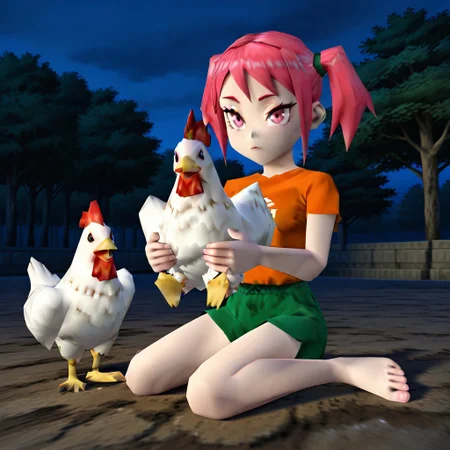 masterpiece, best quality, amazing quality, very aesthetic, absurdres, 1girl. pink hair, short hair, twintails, short twintails, pink eyes, tsurime, orange shirt, green shorts, on ground, wariza, barefoot, chicken, holding chicken, outdoors, night,