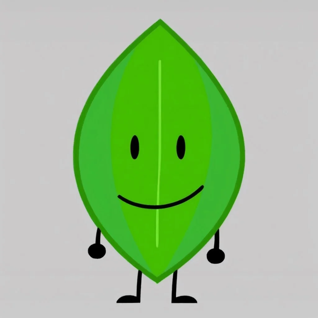 masterpiece, score_9, score_8_up, black outlines, cartoon style, minimalist design, LeaaffBfdi, full body, standing, digital art, 1girl, solo, female focus, anthropomorphic leaf, from front, standing, leaf-shaped character, no humans, black limbs, black arms, black legs, smooth green skin, bright highlights, central vein detail on leaf, dotted eyes, black eyes, cute expression, vibrant and clean colors, cheerful design, no clothing, white background