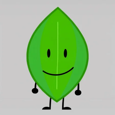 masterpiece, score_9, score_8_up, black outlines, cartoon style, minimalist design, LeaaffBfdi, full body, standing, digital art, 1girl, solo, female focus, anthropomorphic leaf, from front, standing, leaf-shaped character, no humans, black limbs, black arms, black legs, smooth green skin, bright highlights, central vein detail on leaf, dotted eyes, black eyes, cute expression, vibrant and clean colors, cheerful design, no clothing, white background