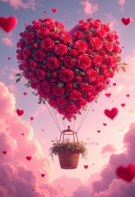 bo-romance, a digital artwork depicting a hot air balloon filled with a large, spherical arrangement of vibrant red roses, the roses are arranged in a symmetrical pattern, covering the entire surface of the balloon, creating a visually striking and romantic representation, the balloon is attached to a basket below, filled with lush green foliage, the basket is woven with a light brown color and appears to be filled with small, delicate flowers, the background features a vast sky filled with fluffy, pink and purple clouds, transitioning from a deep blue at the top to a lighter pink at the bottom, suggesting either sunrise or sunset, the sky is dominated by soft, wispy clouds, adding a sense of depth and tranquility to the scene, the overall style of the artwork is highly detailed and realistic, with a focus on texture and depth, typical of high-quality digital art, the colors are vivid and vivid, enhancing the romantic and dreamlike atmosphere of the image<lora:boFLUX Romance Abyss.safetensors:1.0:1.0>