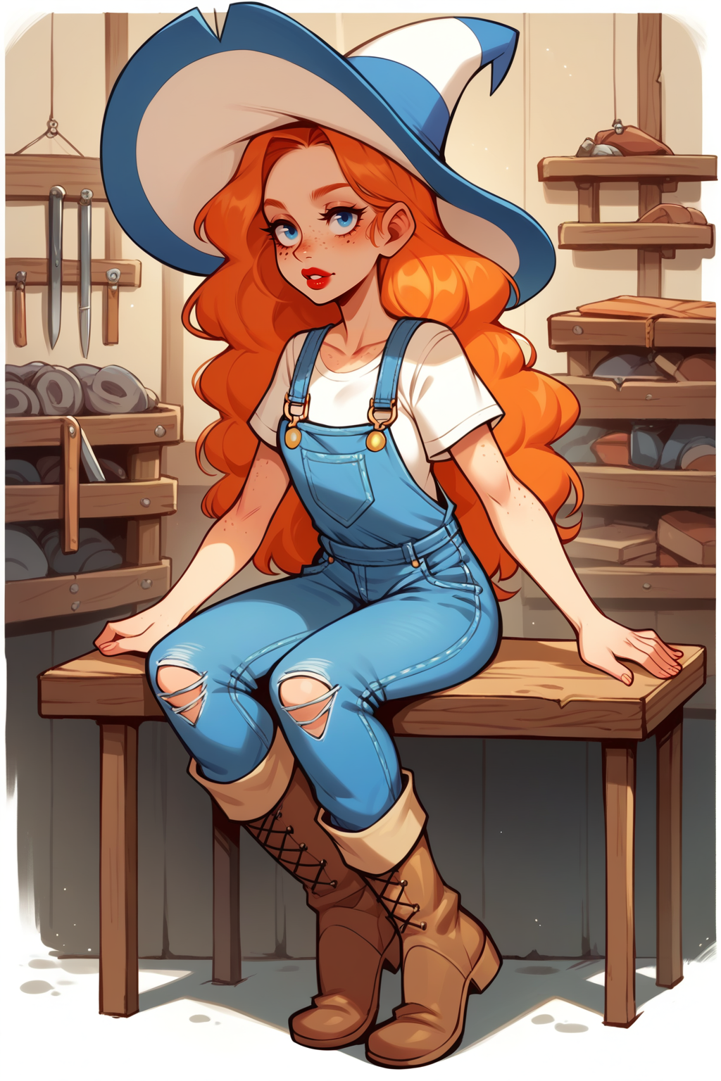 score_9, score_8_up, 1girl, solo, <lora:NSMeiPortia:1> NSMeiPortia, long hair, blue eyes, freckles, lipstick, orange hair, witch hat, denim, overalls, knee-high boots, workshop