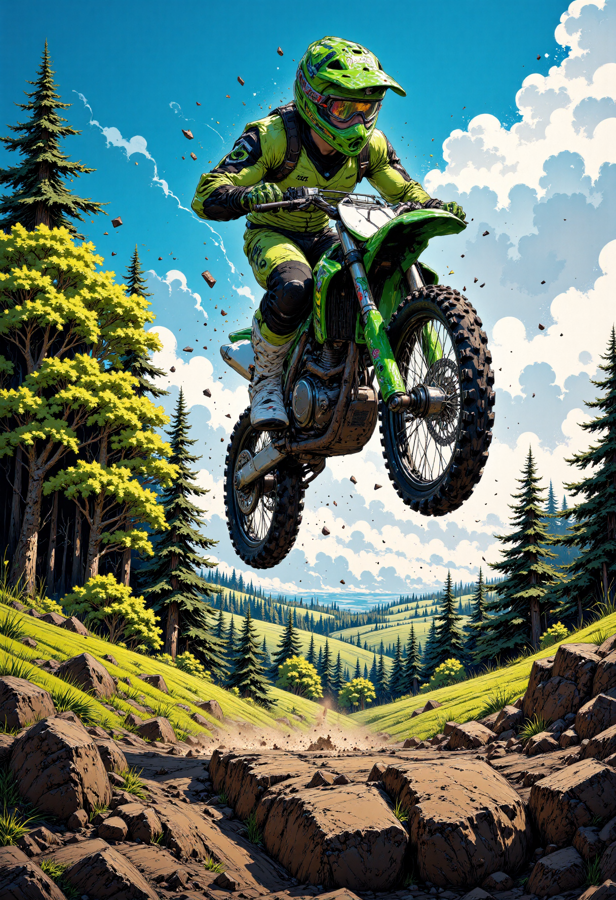 In this vibrant image, a young motocross rider soars through the air, his bright green bike a blur as he executes a flawless jump. The rider, clad in a black and neon green helmet, a matching full-face mask, and a sleeveless jacket with a bold, geometric pattern, is suspended mid-air, his knees bent and his arms outstretched for balance. The bike's tires are splayed out to either side, its engine roaring with a hint of blue smoke.  The sun casts a warm glow over the scene, illuminating the lush greenery below and casting long shadows across the dirt track. A few wispy clouds drift lazily across the brilliant blue sky, their soft, white peaks a striking contrast to the rugged, earthy tones of the landscape.  To the left, a dense thicket of trees provides a lush, verdant backdrop, their leaves a vibrant green and their branches swaying gently in the breeze. The camera angle is low and dynamic, capturing the rider's exhilarating flight and the rush of adrenaline that comes with it. The style is one of kinetic energy and freedom, the image a testament to the thrill of competition and the joy of flight.<lora:CustomFlux/MysticComic-v2.safetensors:1.0:1.0>