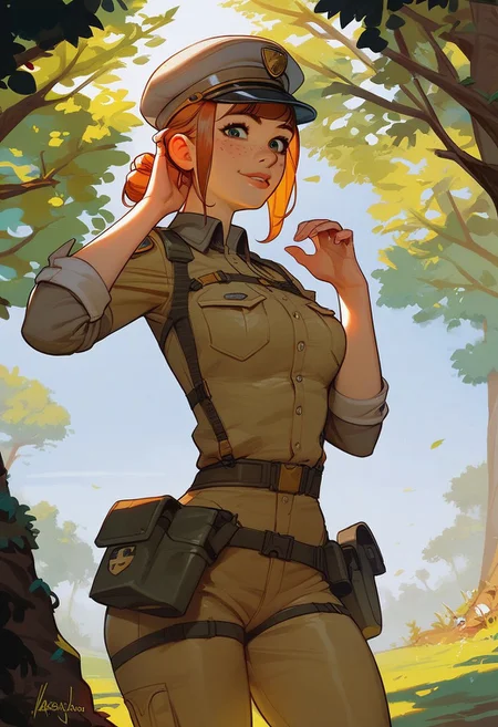 (score_9, score_8_up, score_7_up), 1girl, freckles, 1woman, gorgeous girl, kawaii face, looking at viewer, cute face, cute woman, updo, bangs, park ranger uniform, (slim fit), sexy thighs, ((wide hips)), park ranger, redwood forest, green khakis, hat, cute pose