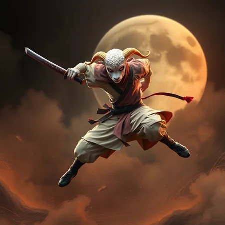 Lamb ninja warrior leaping about wielding hi samurai sword.