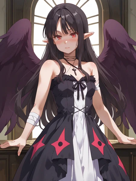 score_9, score_8_up, score_7_up, score_6_up, score_5_up, score_4_up, source_anime,cinematic shadow, detailed hands,character focus, detailed skins, perfect curvy small breasts, body blush,<lora:StS_PonyXL_Detail_Slider_v1.4_iteration_3:3>, high resolution, ultra detailed,8K,16K,32k,64k,128k,256k,ultra-detailed,best quality, <lora:zPDXLxxx+:1> zPDXLxxx, <lora:zPDXLpg+:1> zPDXLpg,<lora:Eve_Reese:1>,evereese, bangs, black hair,very long hair, pointy ears, red eyes,,feathered wings, black wings, <lora:StS_age_slider_v1_initial_release:-0.5>, <lora:w1ngsXLP:0.7> w1ngs,black angel wings, evereesedress, bare shoulders, collarbone,feathered wings, black wings, sleeveless, black dress, black ribbon, halterneck,criss-cross halter, bandages,jewelry, necklace, presenting body