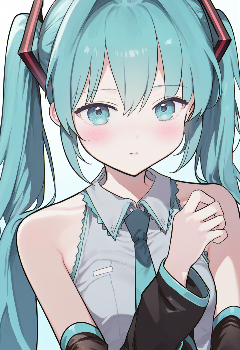 score_9, score_8_up, score_7_up, 1girl, solo, hatsune miku, detached sleeves, sleeveless grey shirt<lora:0202ase xl 005:1>