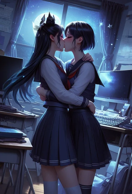 score_9, score_8_up, score_7_up, source_anime, <lora:Fixhands_anime_bdsqlsz_V1:1>, <lora:Expressive_H:0.7>, Expressiveh,
masterpiece, highres, ultra detailed, best quality, extremely detailed face, perfect lighting,
beautiful skin, shiny hair, shiny eyes, eyelashes, detailed eyes, kiss, closed eyes, blush, long hair,
multiple girls, 2girls, yuri, school uniform, skirt, serafuku, pleated skirt, socks, long sleeves, couple, sailor collar, kneehighs, school, room, computer desk, keyboard, monitor, night view, moonlight, full moon, short cut, standing, hug, neckerchief, light particles:1.5, indoors, cowboy shot,
<lora:daisyuki_pony_V1.0:0.7>, daisyuki, girl 1 is prestige star guardian syndra