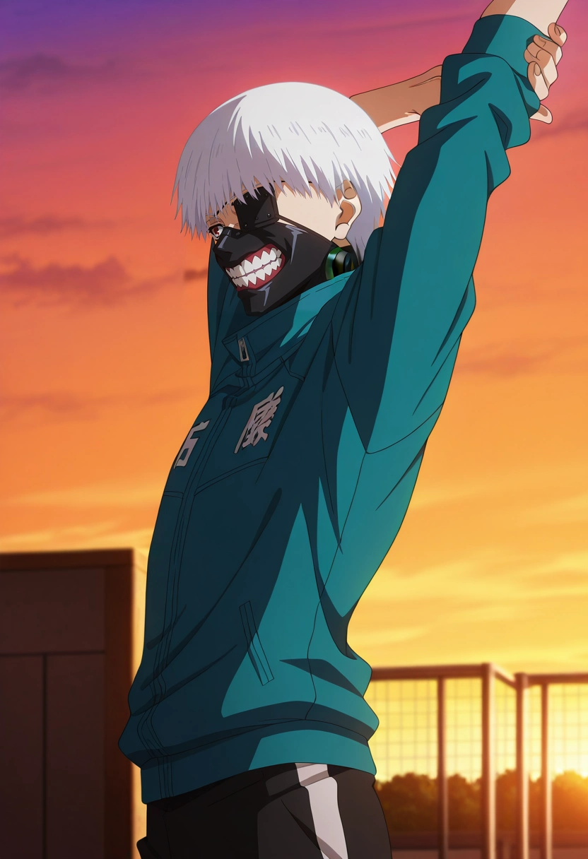 masterpiece, best quality, , anime screencap, , official style, , 1boy, solo, male focus, <lora:ken_kaneki_ilxl:0.92>, ken_kaneki, white hair, , short hair, bangs, , eyepatch, mask, mouth mask, teeth, , from side, gym, dusk, stretching, relaxed,