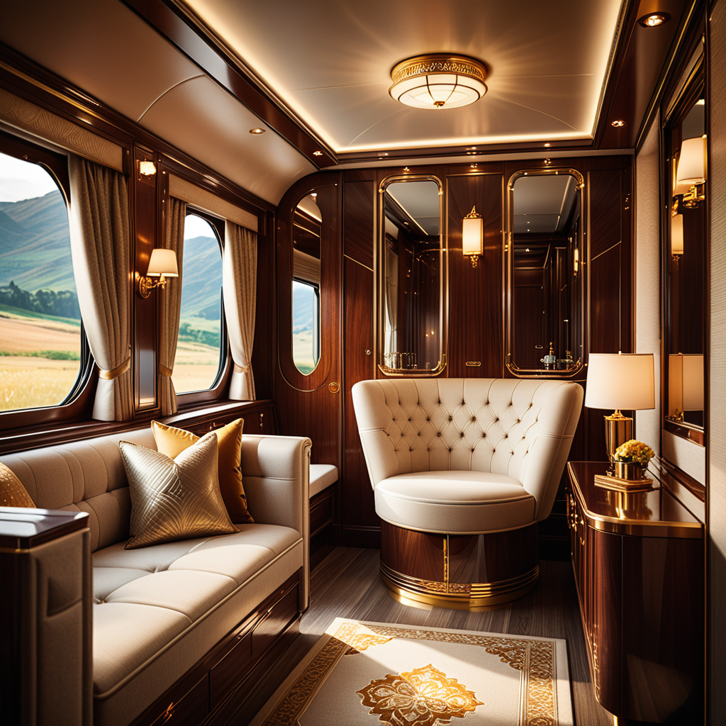 A cozy and luxurious private cabin in a premium train, designed for relaxation and comfort during long journeys. The cabin features rich wooden paneling with a glossy finish, creating a warm and inviting atmosphere. A plush seat upholstered in fine leather or velvet sits by a large window, with soft, golden light streaming in through partially drawn curtains made of heavy, textured fabric.
a vintage lamp with a brass base and a frosted glass shade, casting a soft glow. Above the seating area, a compact storage compartment holds a neatly folded blanket and a small travel bag.
The walls are adorned with subtle art deco patterns and a built-in mirror framed in polished metal. The floor is covered in a luxurious carpet with intricate designs in muted colors. Modern amenities, such as USB charging ports and a control panel for adjusting lighting and temperature, are discreetly integrated. The scene conveys a blend of timeless elegance and modern convenience, perfect for a high-end travel experience.
<lora:SDXLFaeTastic2400:0.4> <lora:extremely_detailed:0.4> extremely detailed, Masterpiece,best quality,hi res,8k,hi res,8k,award winning,(sharp focus, intricate, highly detailed),