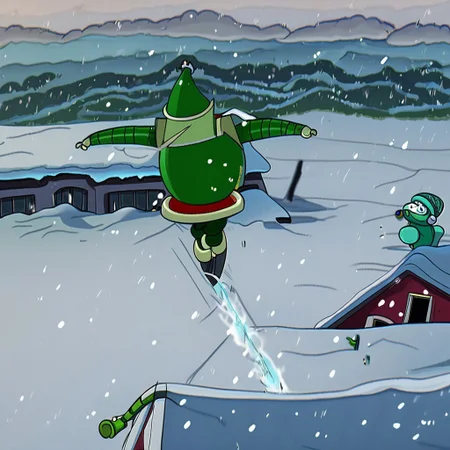 a cristal green Ice skulpture of a Robo Santa, holding a Green Cristal Sword made of green Cristal, jumping form the roof, snow all arround.