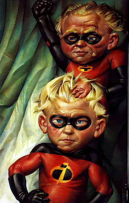 <lora:otto-dix_pony_v1:1> mughal \(style\),  ' dash_parr ' by dix otto in 1932, cubism \(style\)        ,
dada \(style\)  , portrait \(genre\)   male-portraits   <lora:Dash_Parr:1> , blonde hair, male focus, male child, domino mask, blue eyes, gloves, bodysuit, score_9, score_6_up, score_7_up