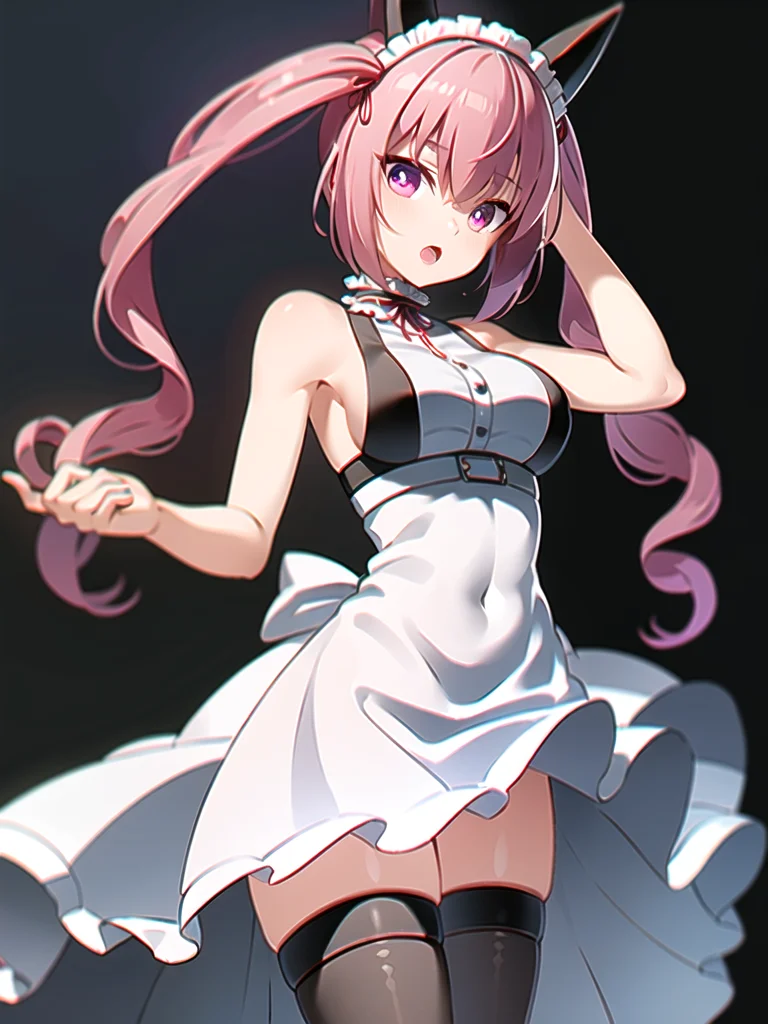 best quality, ultra high res, 1girl, solo focus, ((white mini see through dress)), elbow dress, black thighhighs, frills, ribbons, studio background,floating hair, looking at viewer, facing front, black hair