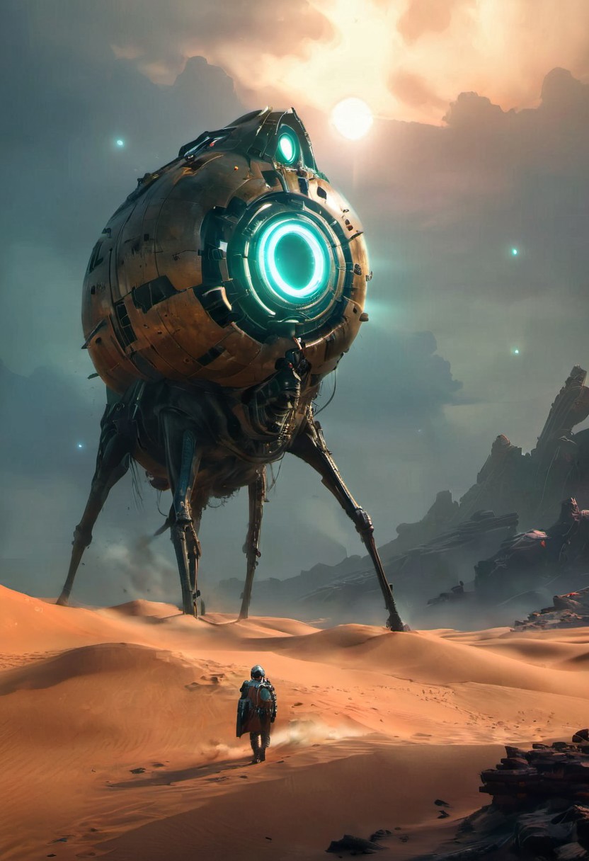 ((cinematic concept-art style)), an awe-inspiring fictional laser cannon, presumably of non-human origins, partially buried, amidst sand dunes,