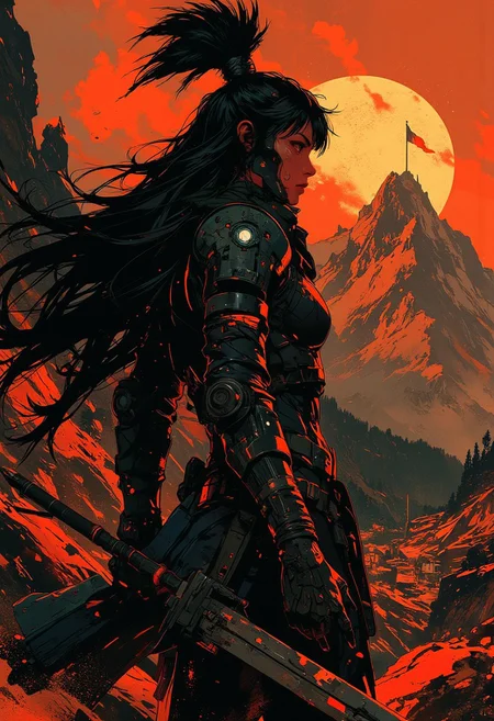 in the style of ck-mgs, nistyle, Inkplash art on rice paper, sepia, henna, Silhouette Art, magnificent, inksplash, closeup portrait, female spartan warrior, flowing black hair, reflective black and neon red armor, armor, holding a spear, abstract background suggesting a mountain top, overlooking a village in a valley, midnight atmosphere, moonlight, moon rays, night, Cowboy Shot, close up,