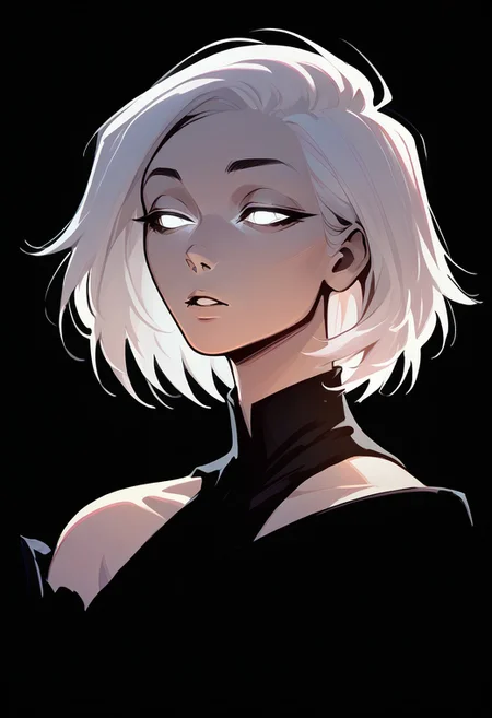 Score_9, score_8_up, score_7_up, score_6_up,
1gir, solo, woman,
short hair, white hair,
portrait, upper body,
dress, black dress,
blend_in, black background,
glowing eyes, looking away, half-closed eyes,
parted lips, sensual lips,
black splatter,