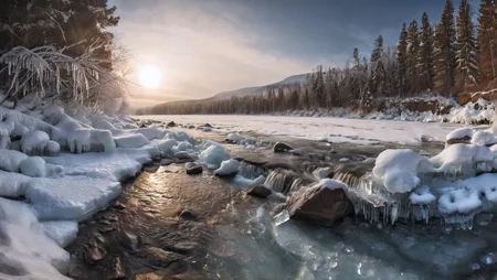CINEMATIC SHOT, professional photo by Caravaggio of wild nature, Russia, winter, snow, woods, valley, river, ice, sun kissed, icicles, dramatic clouds, rule of thirds, view from surface, (by Christopher Nolan:1.4),F11,(DOF, Cinematic Color grading, intricate, hyper realistic, detailed, flickr, cinematic lighting) <lora:Wild_nature_XL:1>
