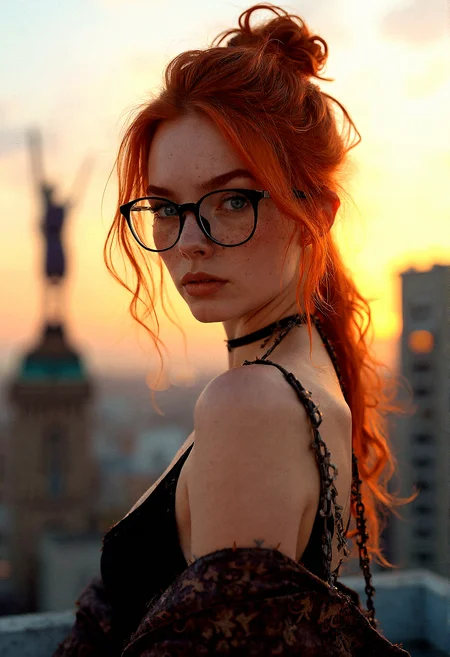 Portrait of a stunning 18-year-old woman with ginger hair, bright aqua eyes, subtle freckles, thick eyebrows, and trendy glasses giving her a nerdy appearance.A delicate chain attached to her glasses, allowing them to hang around her neck when not in use.
She is wearing a stylish, modern outfit and is shown from the waist up, striking a random pose while looking directly at the viewer.
A contemporary art installation, interactive piece, stands prominently on the rooftop. The artwork is illuminated by soft lights, making it stand out against the sunset.