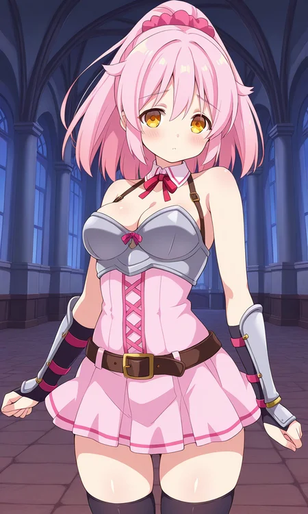 1girl, solo, mgyunishirakawa, pink hair, hair flaps, high ponytail, hair scrunchie, yellow eyes, knight, pink dress, sleeveless, cleavage, detached collar, neck ribbon, armor, breastplate, arm_guards, black thighhighs, belt, indoors, castle,