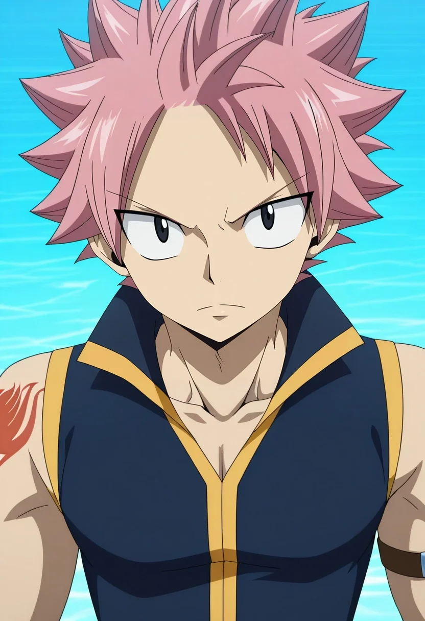 masterpiece, best quality, intricate details, anime screencap, anime coloring, official style, looking at viewer, 1boy, solo, male focus, <lora:natsu_dragneel_ilxl:0.96>, natsu_dragneel, pink hair, black eyes, spiked hair, , , ,