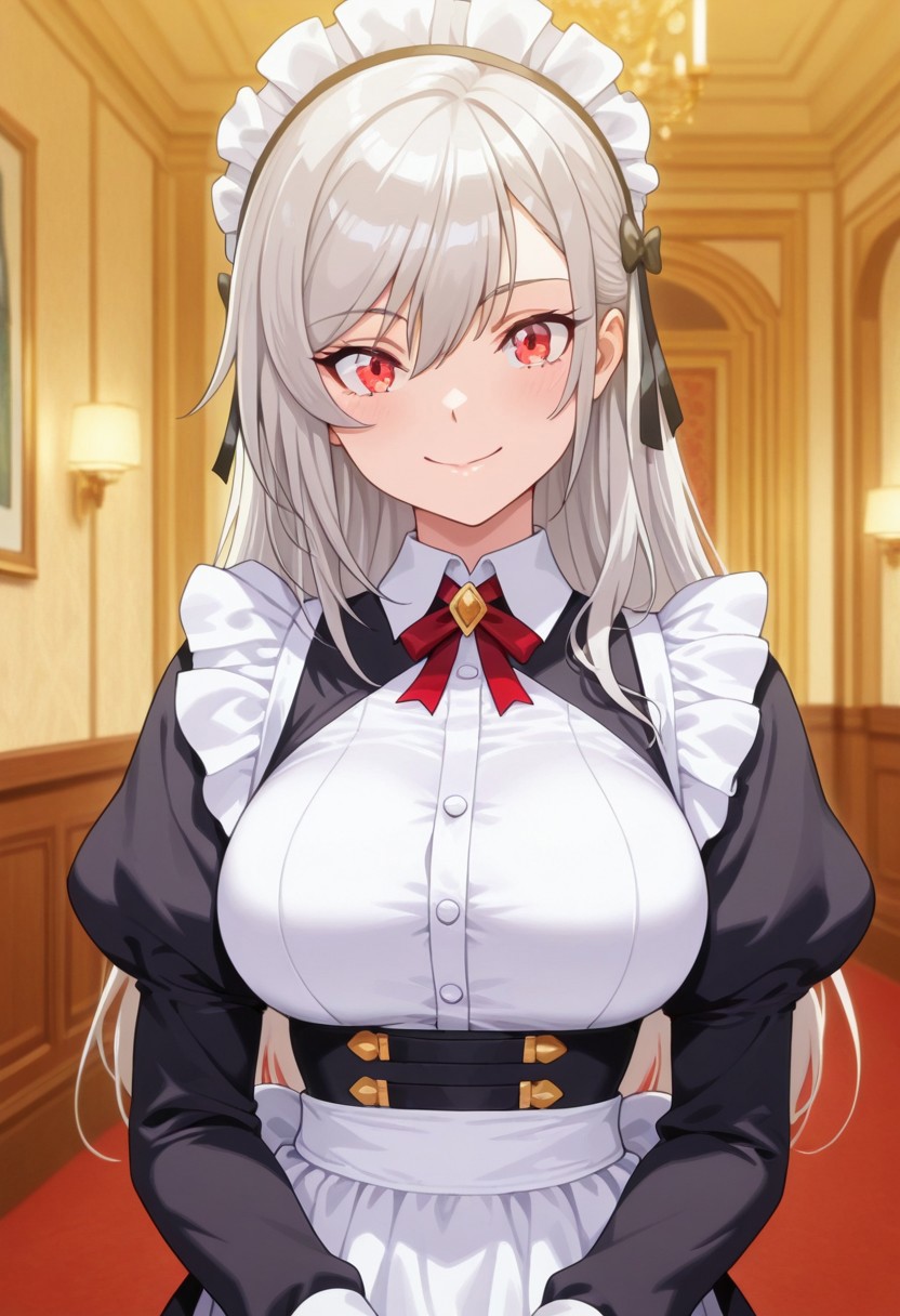 masterpiece,best quality,amazing quality, inglis eucus, grey hair, red eyes, 1girl, solo, long hair, maid, smile, upper body, indoors, looking at viewer, closed mouth, long sleeves