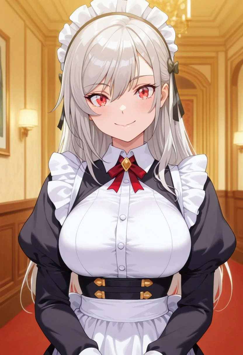 masterpiece,best quality,amazing quality, inglis eucus, grey hair, red eyes, 1girl, solo, long hair, maid, smile, upper body, indoors, looking at viewer, closed mouth, long sleeves