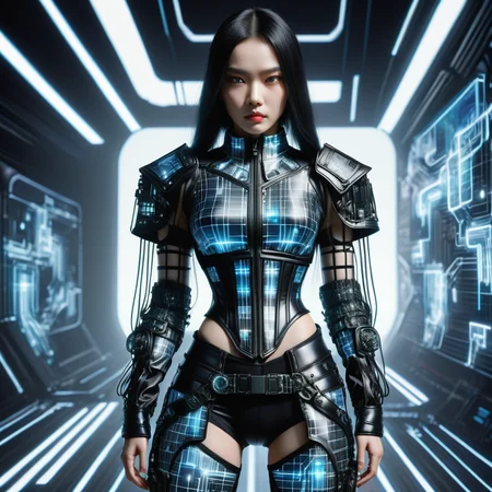 hyper detailed masterpiece, dynamic, awesome quality,DonMT3chW0rldXL bulky lower body clothing, synth-silk, virtual reality grid print, cropped length, natural waist, two-piece set, corset closure,,train,,coin pockets <lora:DonMT3chW0rldXL-000009:1>,
