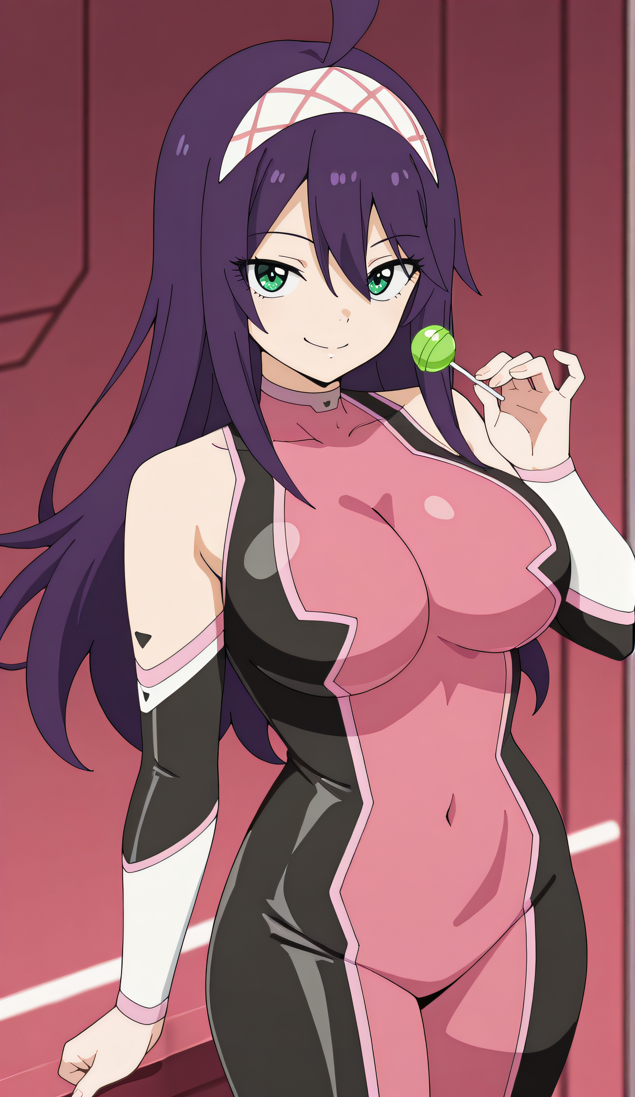 masterpiece, best quality, highres, newest, 1girl, official style, anime screncap, <lora:IL_Maria_Slime:1>, mariaslime, purple hair, lagre breasts, bodysuit, looking at viewer, smile, indoor, cowboy shot, lollipop, five fingers