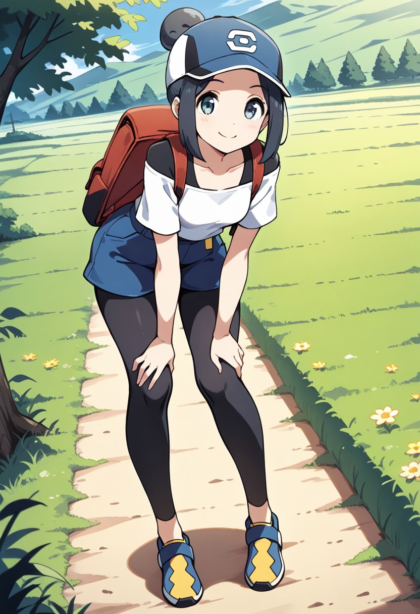 2d, masterpiece, best quality, amazing quality, 1girl, solo, close-up, standing, smile, full body, leaning_forward, looking at viewer, meadow, day, pkbettie, black hair, grey eyes, short hair, sidelocks, bangs, single hair bun, baseball cap, blue headwear, white shirt, collarbone, black undershirt, short sleeves, off-shoulder shirt, high-waist shorts, blue shorts, black leggings, leggings under shorts, shoes, blue footwear, yellow footwear, masterpiece, best quality, amazing quality, highres, absurdres, newest, red backpack