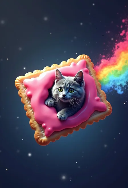 A grey cat inside of a pink pop tart flying through space, leaving a rainbow trail, viewed from side, best quality, masterpiece,