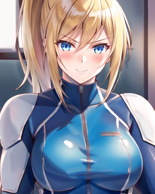 1girl, best quality, solo, perfect face, portrait, samus aran, milf, mature female, ((blonde hair)), blue eyes, ponytail, upper body, soft lighting, shy, seductive smile, closed mouth, speedl00ver-8000, ((zero suit)), bodysuit, realistic, (((muscular female)))