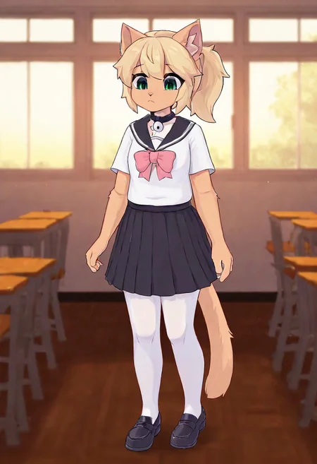 Page,1girl,solo,furry female,cat girl,blonde hair,ponytail,cat ears,animal ear fluff,green eyes,animal nose,collar,neck bell,body fur,cat tail, serafuku,school uniform,sailor collar,bow,white pantyhose,black skirt,black loafers, indoors, classroom