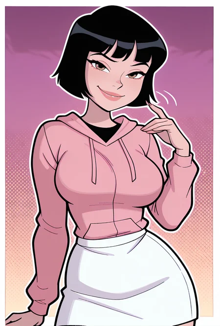 cartoon, screencap, <lora:julieaf:1> julieaf, 1girl, short hair, black hair, lips, white skirt, pink hoodie long sleeves, hoodie over skirt , smile, expressive face, naughty pose, seductive pose, sexy pose <lora:welwraith-guy90-Illust-Lycorisv1:1> welith, curvy, masterpiece, best quality, amazing quality, very aesthetic, absurdres, newest,, upper body, halftone effect, white borders, abstract background:1.2,